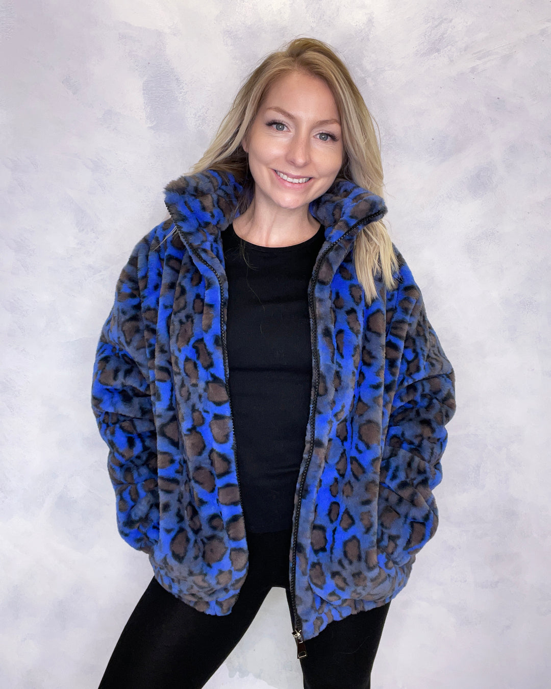 Bagatelle Pink and Blue Leopard Animal Print Faux Fur Jacket Women's Size cheapest S NWT