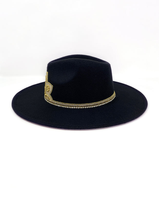 Black wide brim fedora hat. Gold faux leather lotus motive hand embellished with gold metal clasped crystals & pearl like rhinestones. ladies day, festival hat, crystals, felt hat, boho, wool hat, classic hat, best fedora brand, festival outfit, leatherette