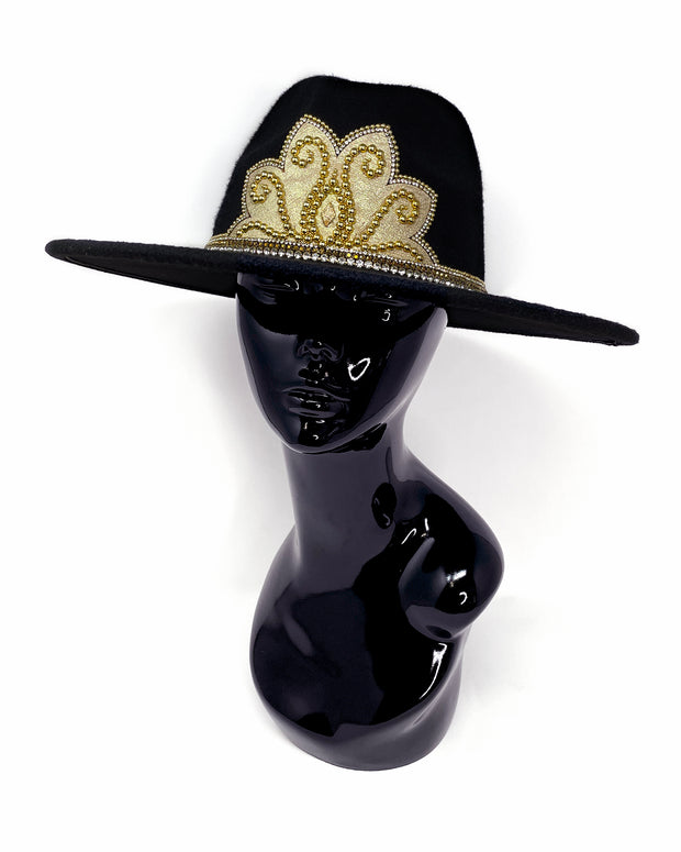 Black wide brim fedora hat. Gold faux leather lotus motive hand embellished with gold metal clasped crystals & pearl like rhinestones. ladies day, festival hat, crystals, felt hat, boho, wool hat, classic hat, best fedora brand, festival outfit, leatherette