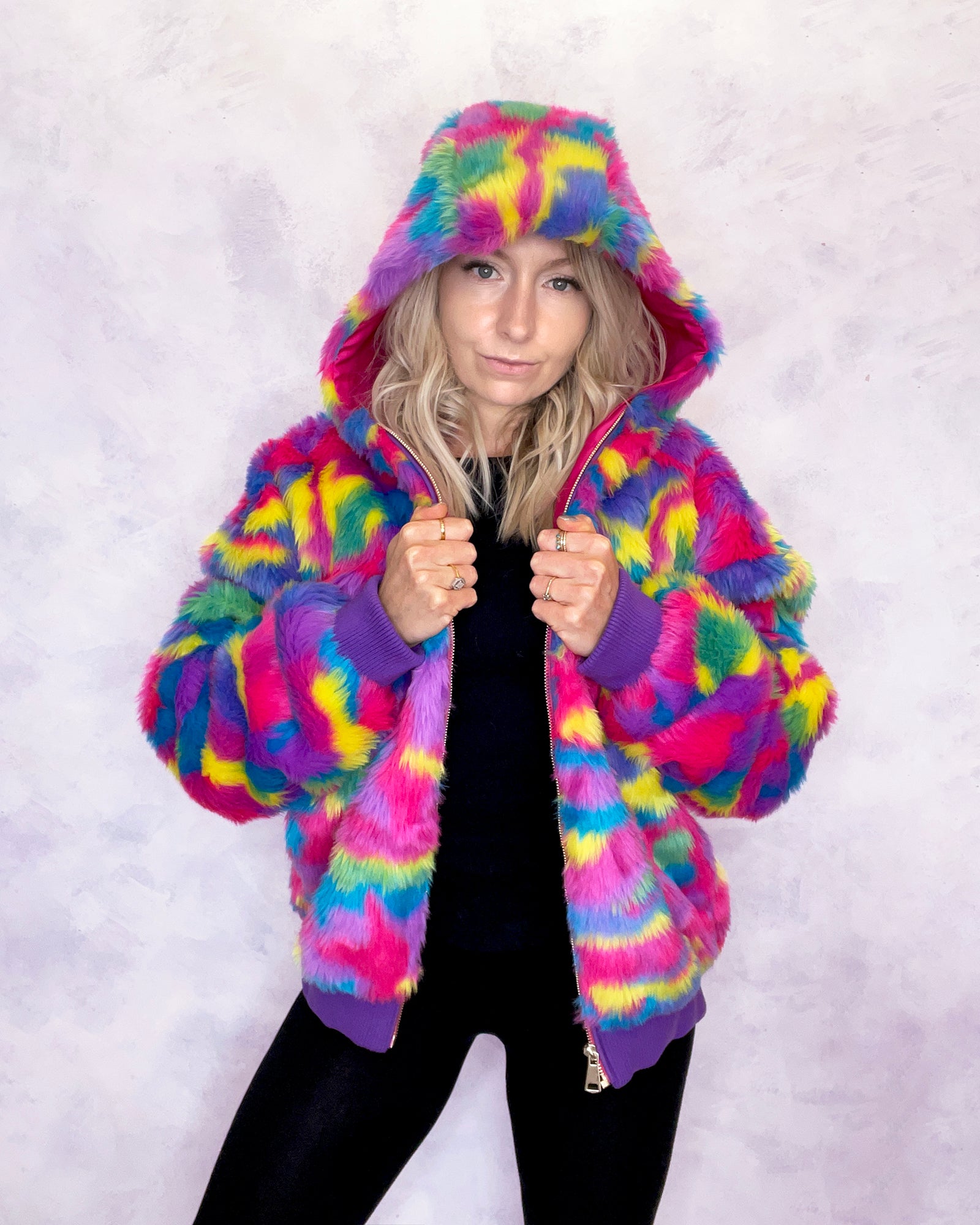 Multi Colour Faux Fur Hooded Bomber Jacket – Jukebox Fashion