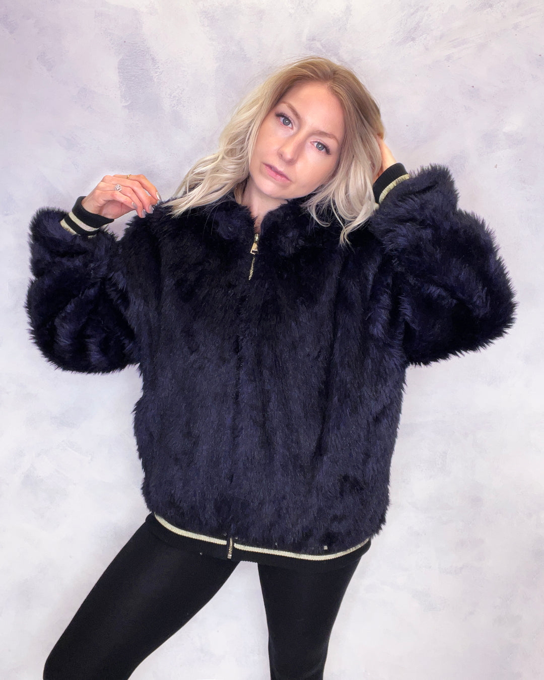 Dark Purple Faux Fur Bomber Jacket - Sample
