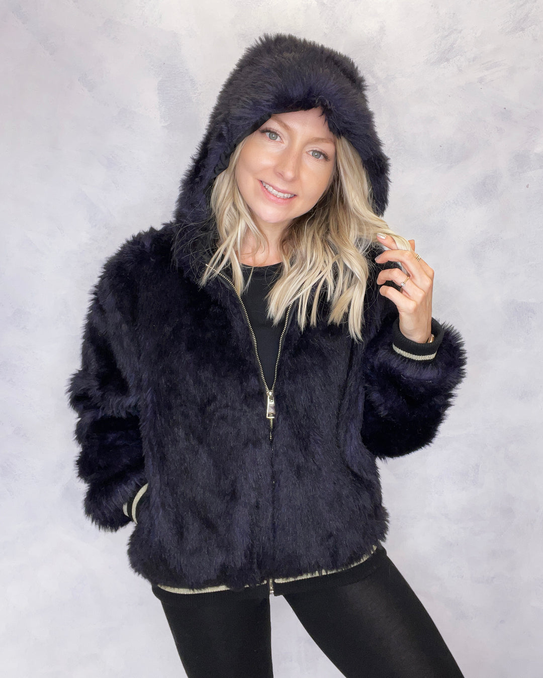 Dark Purple Faux Fur Bomber Jacket - Sample