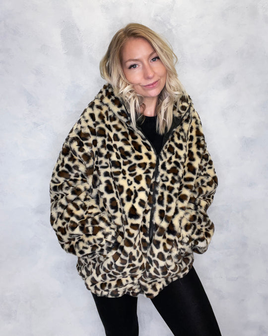 Leopard Print Hooded Faux Fur Jacket - Sample