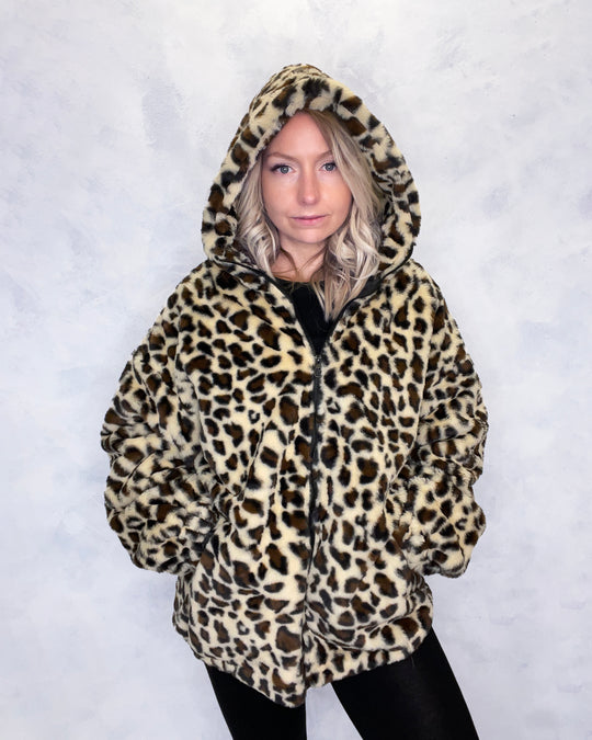 Leopard Print Hooded Faux Fur Jacket - Sample