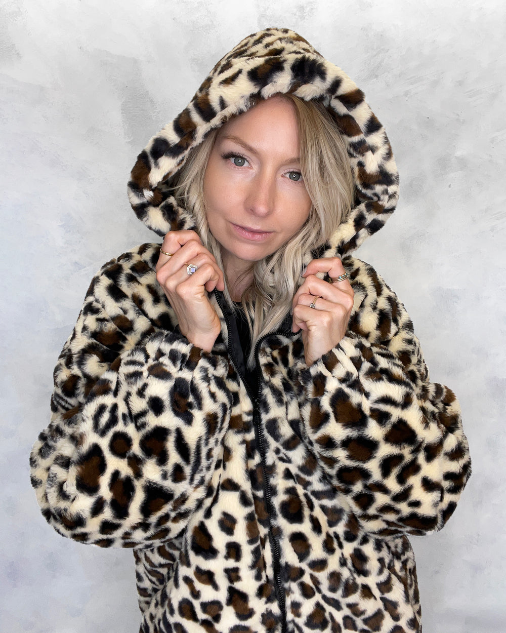 Leopard Print Hooded Faux Fur Jacket - Sample