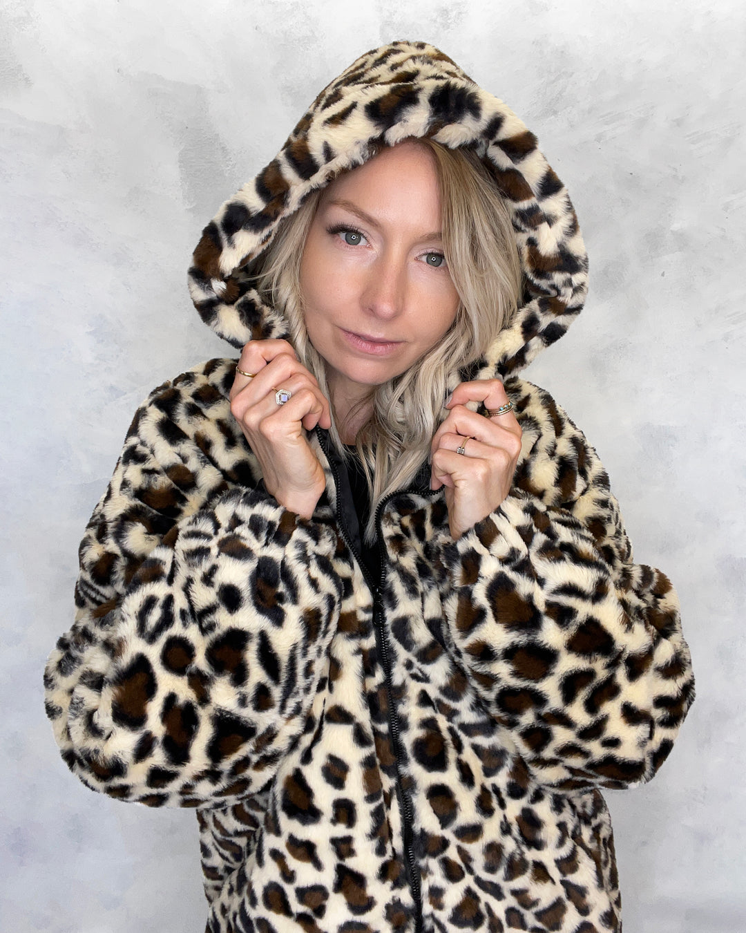 Leopard Print Hooded Faux Fur Jacket - Sample