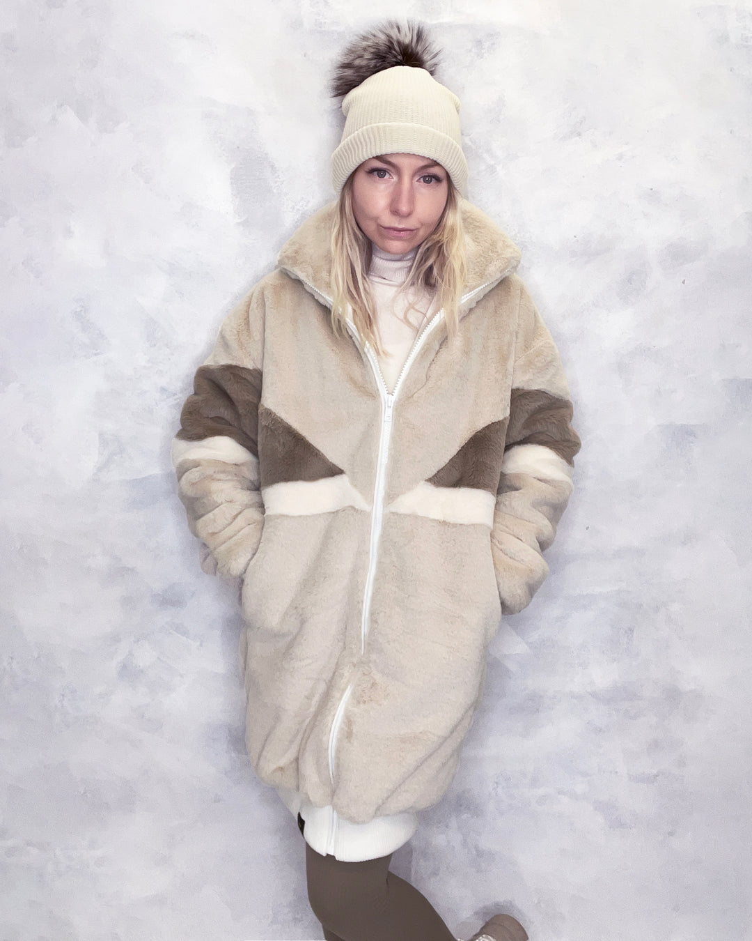 Cream & Taupe Faux Fur Long Bomber Jacket