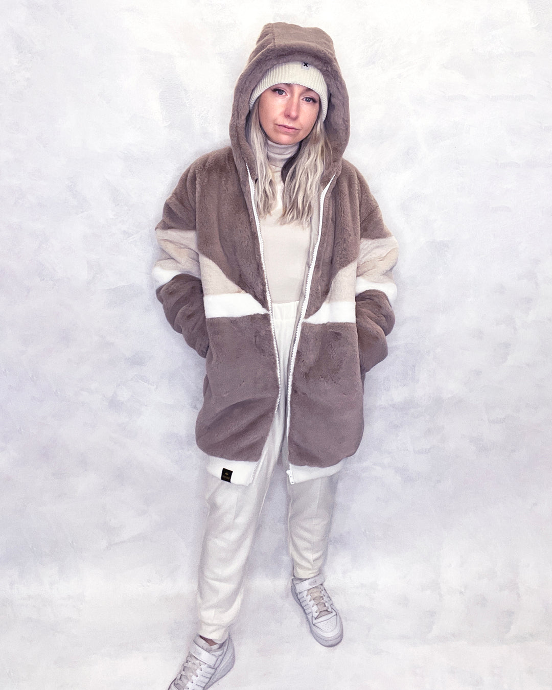 Taupe & Cream Faux Fur Hooded Long Bomber Jacket