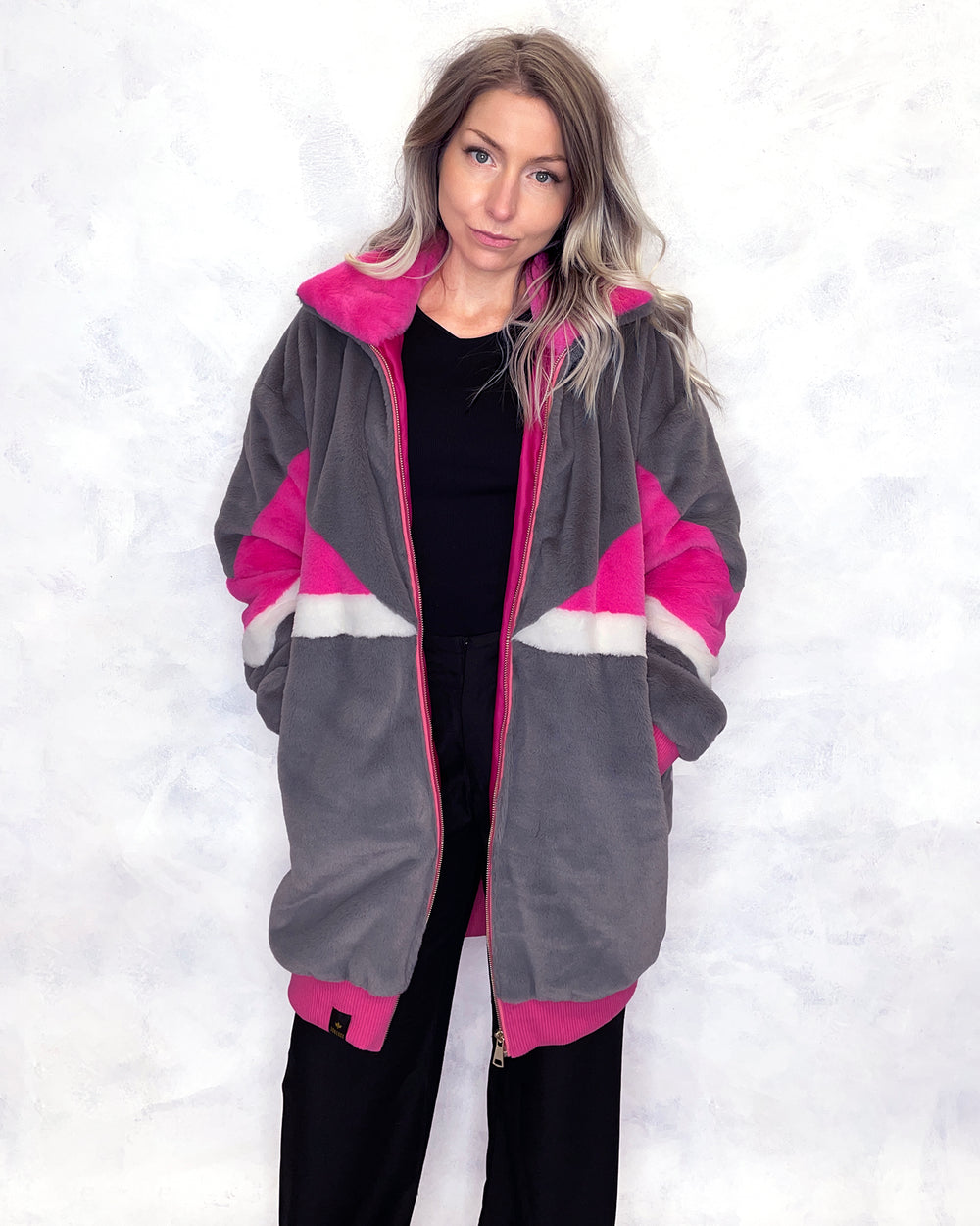 Grey & Pink Faux Fur Long Bomber Jacket - Sample