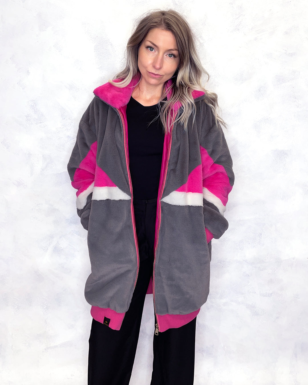 Grey & Pink Faux Fur Long Bomber Jacket - Sample