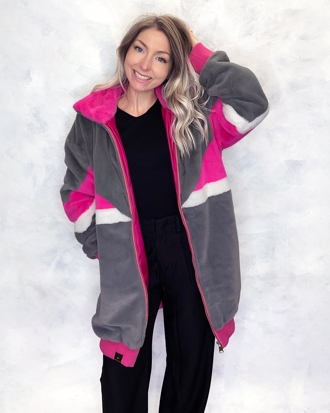 Grey & Pink Faux Fur Long Bomber Jacket - Sample