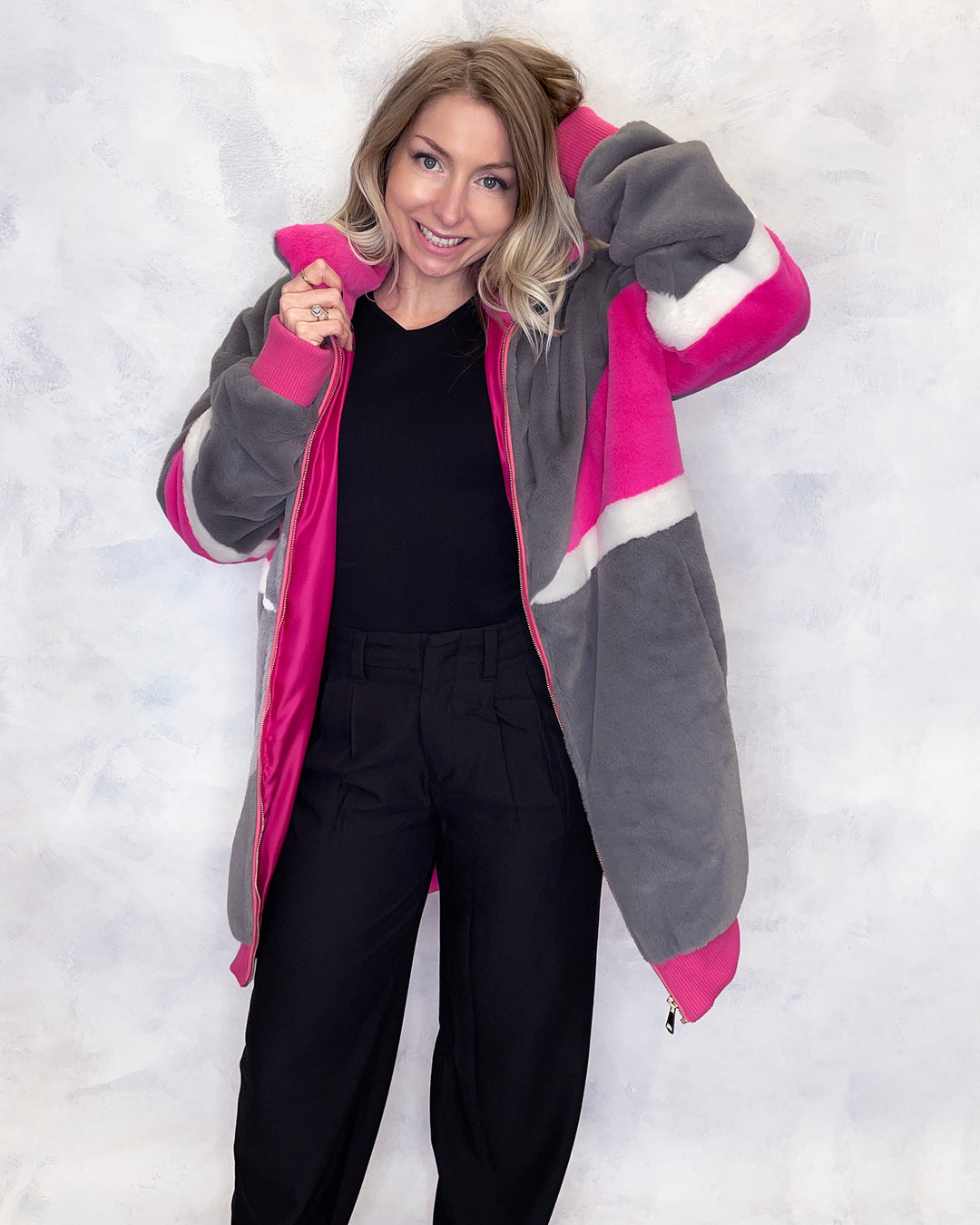 Grey & Pink Faux Fur Long Bomber Jacket - Sample