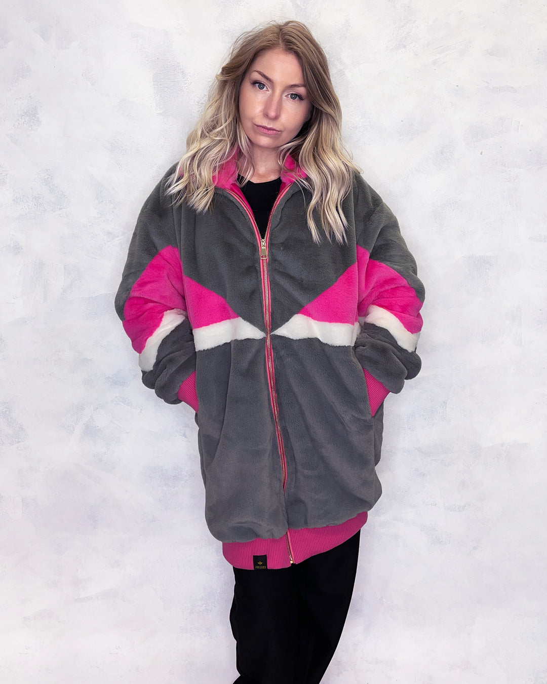 Grey & Pink Faux Fur Long Bomber Jacket - Sample