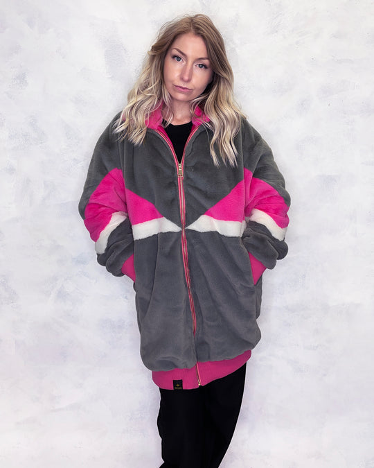 Grey & Pink Faux Fur Long Bomber Jacket - Sample