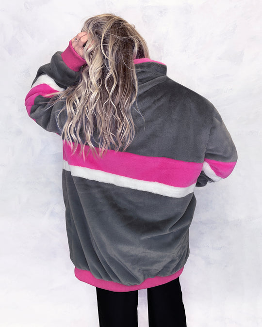 Grey & Pink Faux Fur Long Bomber Jacket - Sample