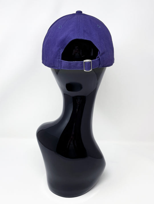 Purple curved peak cap with an embellished vibrant pink glitter mix peak and 3D Jukebox logo emblem centre front, stylish streetwear, eye catching accessory, adjustable, buckle back, party hat, festival hat, urban, unique headwear, made in the UK