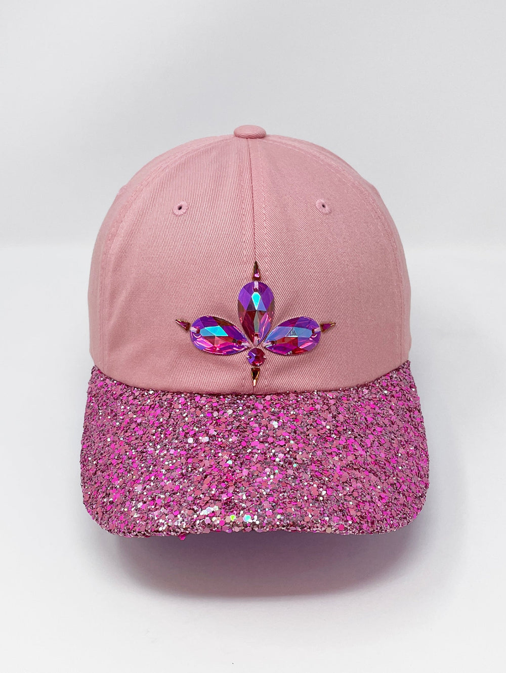Light pink low profile cap with an embellished hot pink glitter mix peak and 3D Jukebox logo emblem centre front, stylish streetwear, eye catching accessory, buckle back, dusky pink, party hat, festival hat, urban, unique headwear, made in the UK