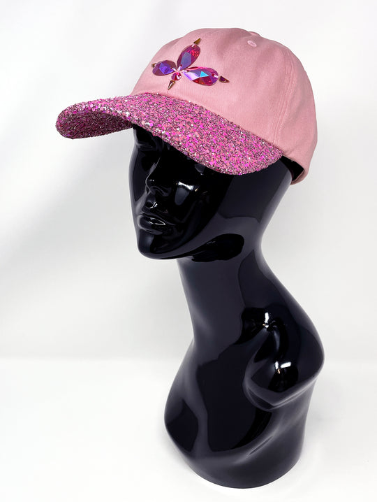 Light pink low profile cap with an embellished hot pink glitter mix peak and 3D Jukebox logo emblem centre front, stylish streetwear, eye catching accessory, buckle back, dusky pink, party hat, festival hat, urban, unique headwear, made in the UK