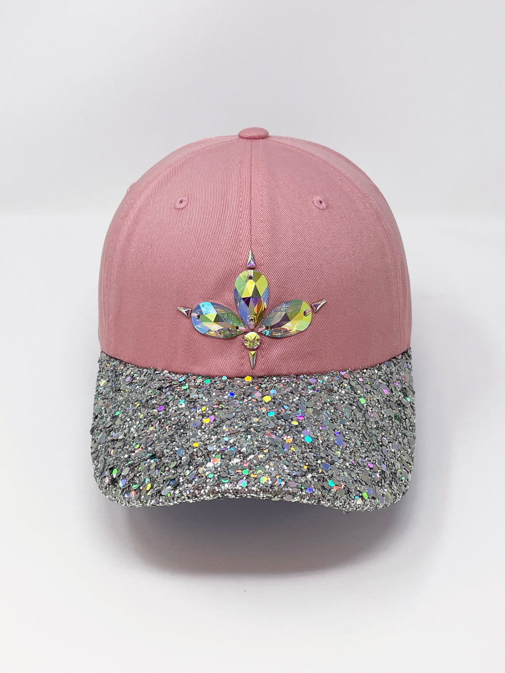 Light pink low profile cap with an embellished holographic silver glitter peak and 3D Jukebox logo emblem centre front, stylish streetwear, eye catching accessory, buckle back, iridescent, dusky pink, party hat, festival hat, urban