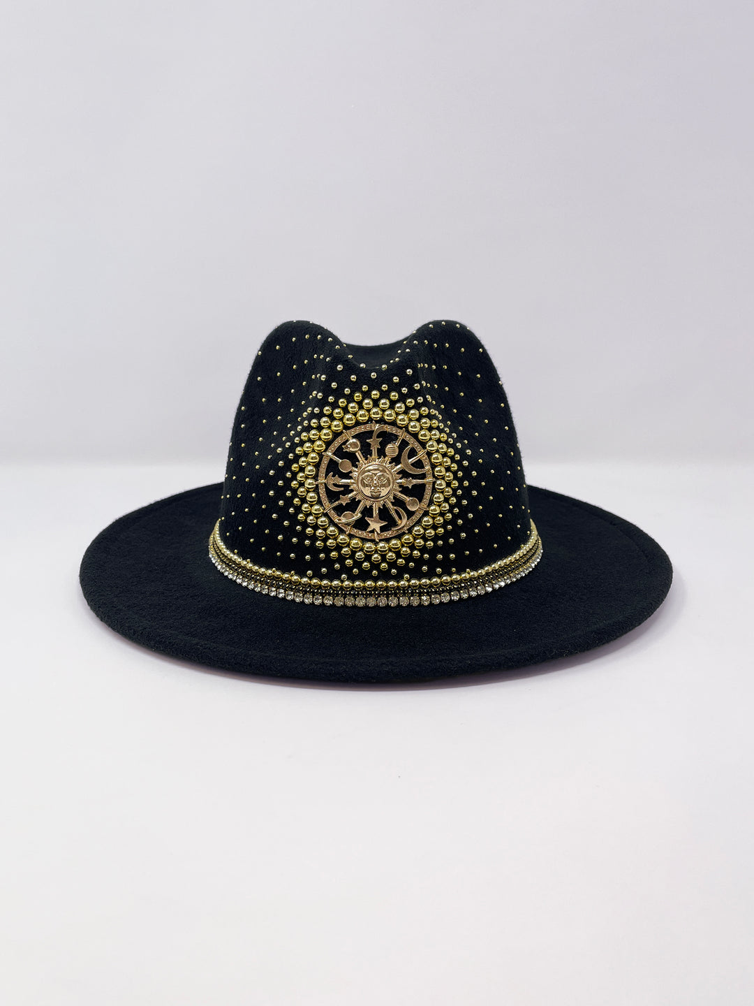 Short Brim black fedora hat with a gold metal sun and moon centre motif, embellished with a splash of gold pearl like rhinestones and crystals. gold splash, luxury fedora, made in the uk, handmade, statement hat, high end fashion, festival fedora, ibiza hat, festival outfit