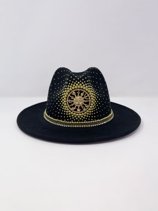 Short Brim black fedora hat with a gold metal sun and moon centre motif, embellished with a splash of gold pearl like rhinestones and crystals. gold splash, luxury fedora, made in the uk, handmade, statement hat, high end fashion, festival fedora, ibiza hat, festival outfit