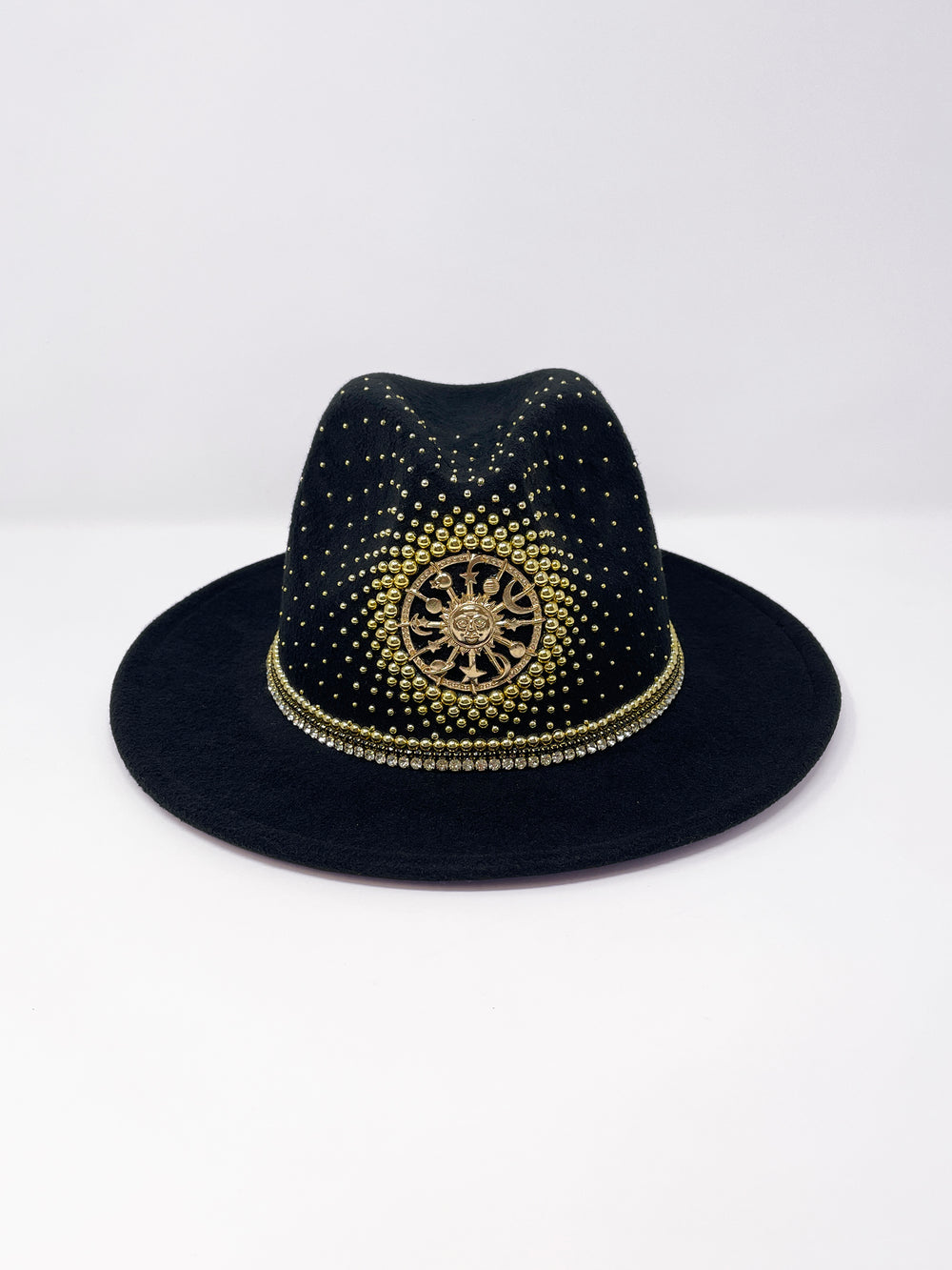 Short Brim black fedora hat with a gold metal sun and moon centre motif, embellished with a splash of gold pearl like rhinestones and crystals. gold splash, luxury fedora, made in the uk, handmade, statement hat, high end fashion, festival fedora, ibiza hat, festival outfit