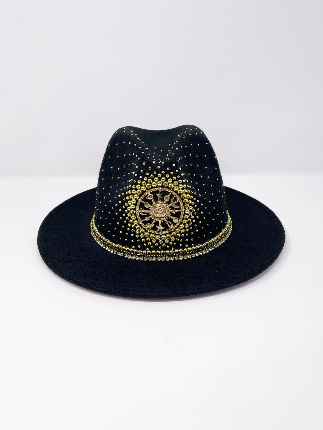 Short Brim black fedora hat with a gold metal sun and moon centre motif, embellished with a splash of gold pearl like rhinestones and crystals. gold splash, luxury fedora, made in the uk, handmade, statement hat, high end fashion, festival fedora, ibiza hat, festival outfit