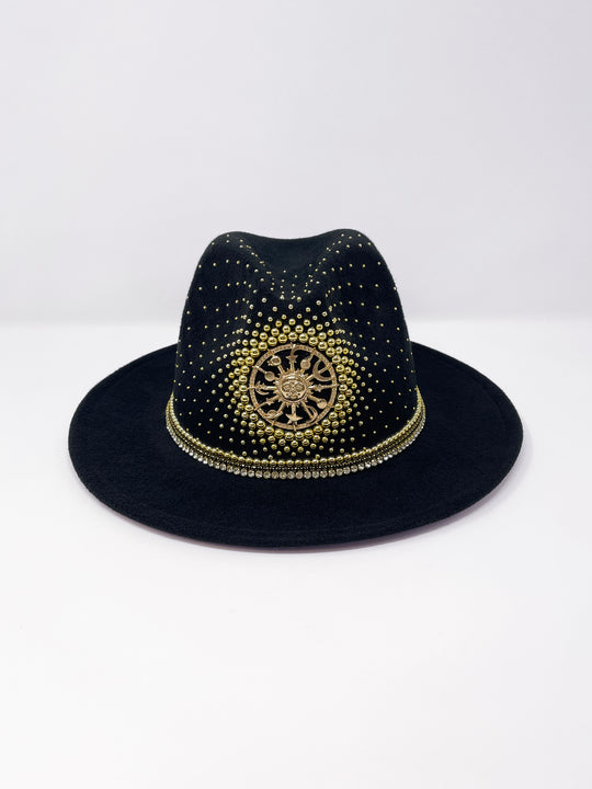 Short Brim black fedora hat with a gold metal sun and moon centre motif, embellished with a splash of gold pearl like rhinestones and crystals. gold splash, luxury fedora, made in the uk, handmade, statement hat, high end fashion, festival fedora, ibiza hat, festival outfit