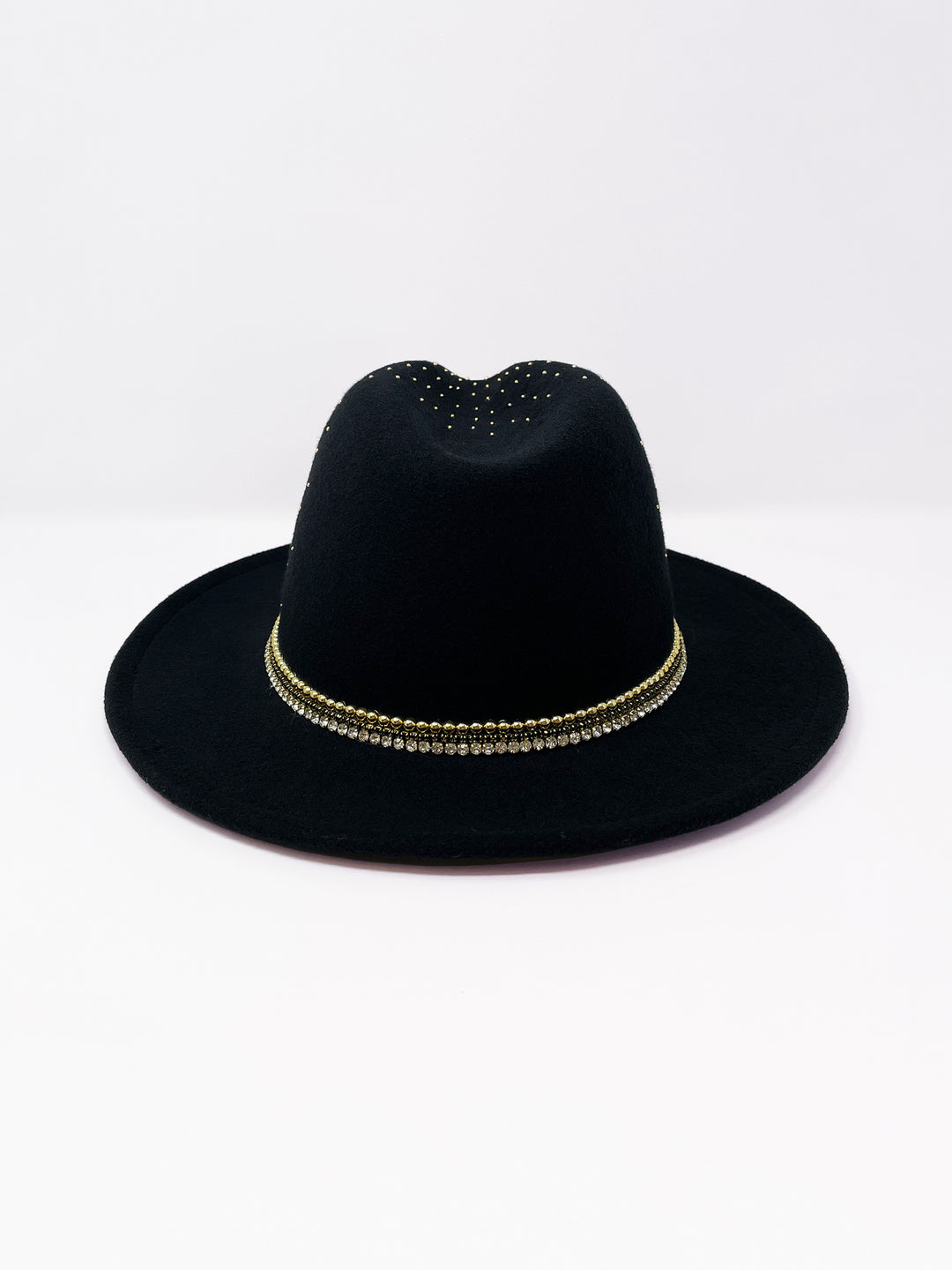 Short Brim black fedora hat with a gold metal sun and moon centre motif, embellished with a splash of gold pearl like rhinestones and crystals. gold splash, luxury fedora, made in the uk, handmade, statement hat, high end fashion, festival fedora, ibiza hat, festival outfit