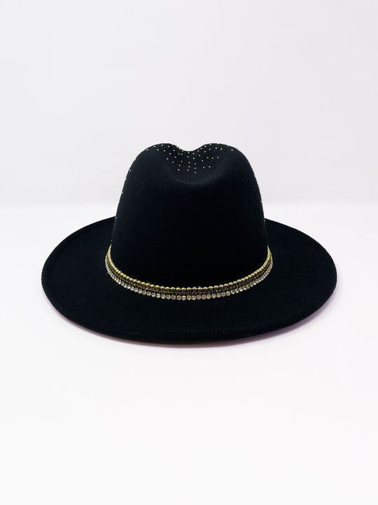 Short Brim black fedora hat with a gold metal sun and moon centre motif, embellished with a splash of gold pearl like rhinestones and crystals. gold splash, luxury fedora, made in the uk, handmade, statement hat, high end fashion, festival fedora, ibiza hat, festival outfit