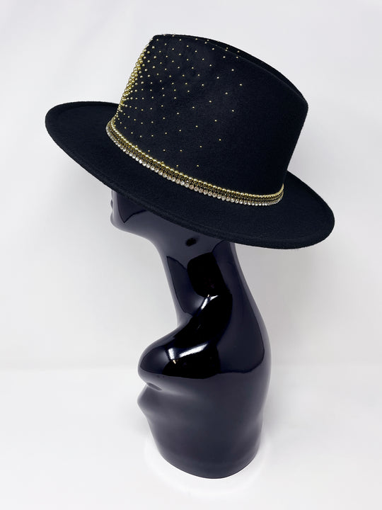 Short Brim black fedora hat with a gold metal sun and moon centre motif, embellished with a splash of gold pearl like rhinestones and crystals. gold splash, luxury fedora, made in the uk, handmade, statement hat, high end fashion, festival fedora, ibiza hat, festival outfit