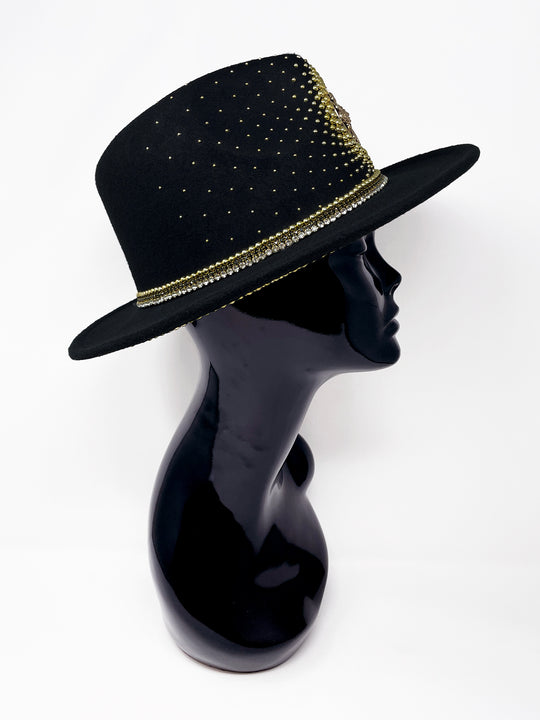 Short Brim black fedora hat with a gold metal sun and moon centre motif, embellished with a splash of gold pearl like rhinestones and crystals. gold splash, luxury fedora, made in the uk, handmade, statement hat, high end fashion, festival fedora, ibiza hat, festival outfit