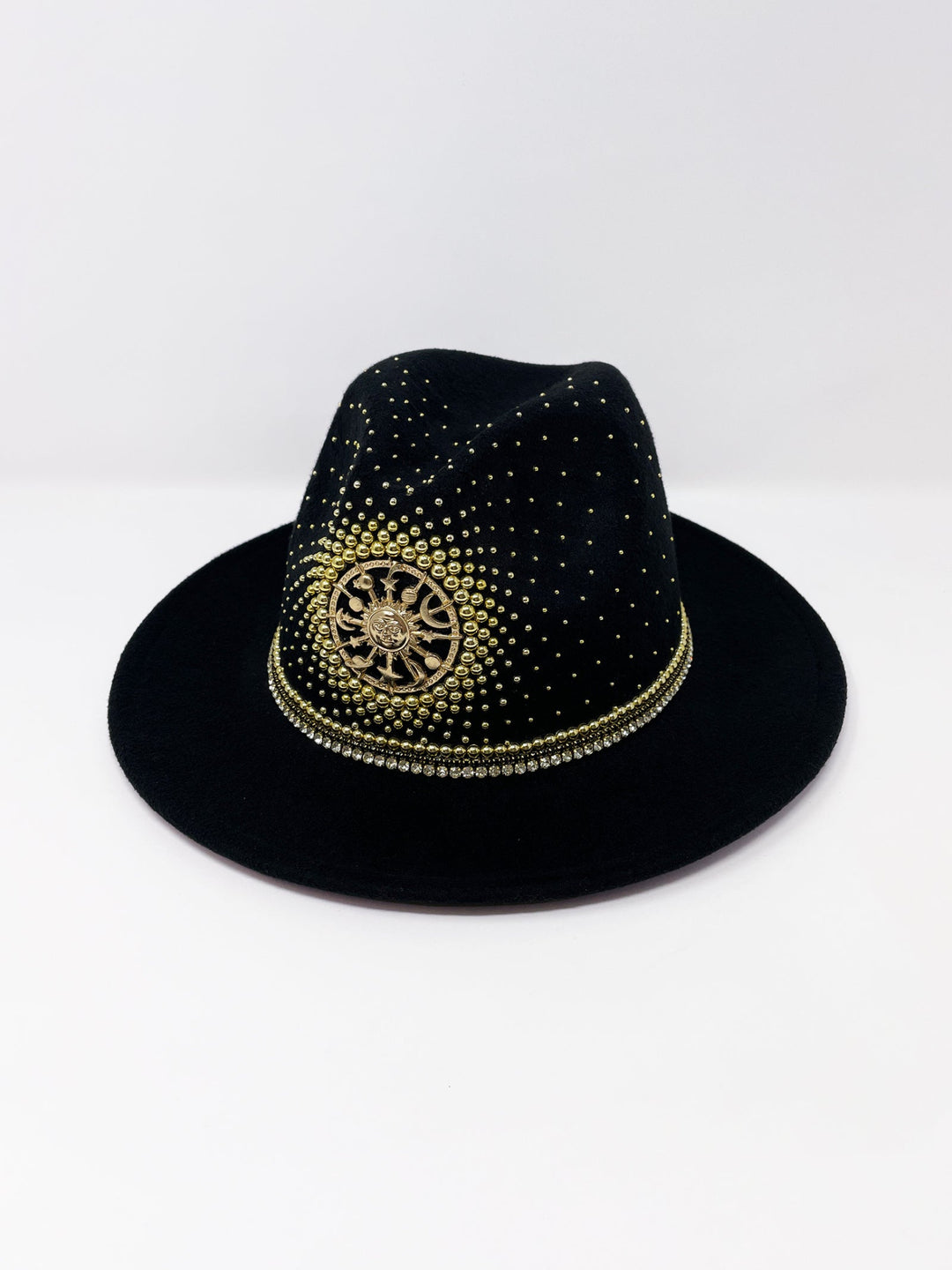 Short Brim black fedora hat with a gold metal sun and moon centre motif, embellished with a splash of gold pearl like rhinestones and crystals. gold splash, luxury fedora, made in the uk, handmade, statement hat, high end fashion, festival fedora, ibiza hat, festival outfit