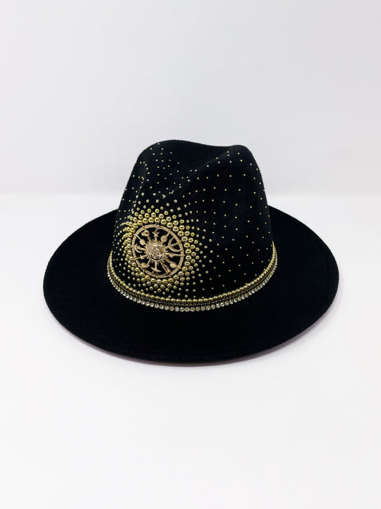 Short Brim black fedora hat with a gold metal sun and moon centre motif, embellished with a splash of gold pearl like rhinestones and crystals. gold splash, luxury fedora, made in the uk, handmade, statement hat, high end fashion, festival fedora, ibiza hat, festival outfit