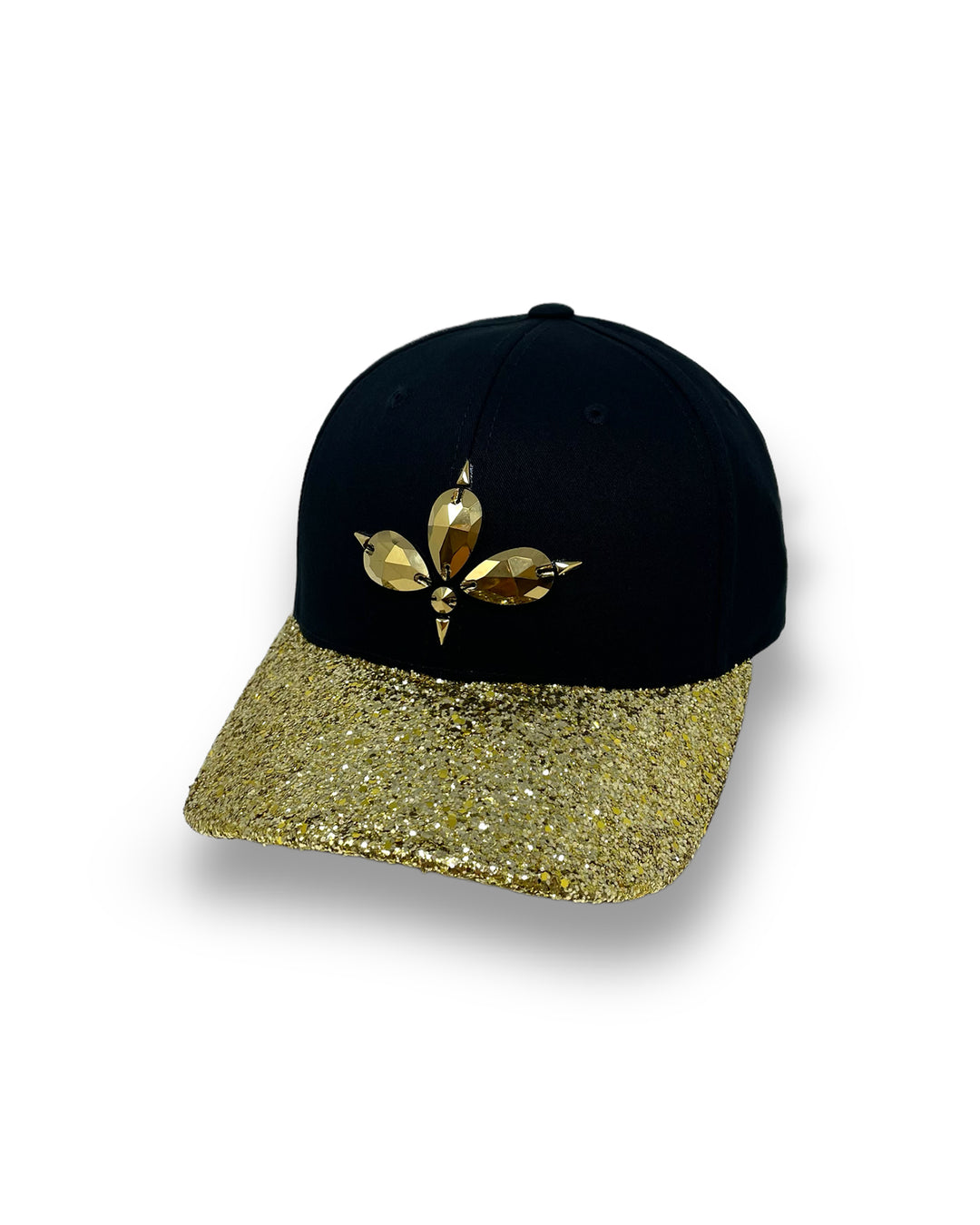 Black curved peak cap with a gold glitter peak. 3D Jukebox logo emblem centre front, stylish streetwear, eye catching accessory, adjustable, snapback, party hat, halloween, festival hat, urban, crystals, rhinestones, unique headwear, made in the UK