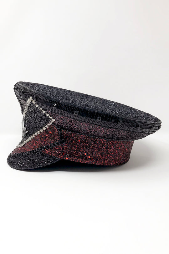 Black and red captain hat, Authentic up cycled military hat, fully lined, hand embellished with black and red glitter mix, beautifully hand detailed with black and red glitter faux leather, square sequin trim, crystals and rhinestones. costume hat, festival hat, festival outfit, statement hat, high end hats, high end party wear, where to buy captain hats, stage wear, unique fashion, custom stagewear, festival essentials, festival headwear, halloween outfit, burning man hat, army hat, made in the UK, rave