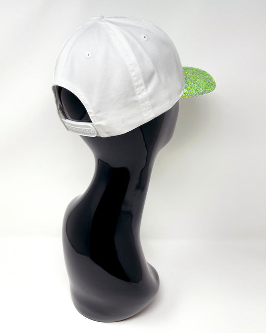 White curved peak cap with neon green UV glitter mix peak and 3D Jukebox logo emblem centre front, stylish streetwear, eye catching accessory, adjustable, snapback, Bridal hat, party hat, glow, festival hat, urban, crystals, rhinestones, unique headwear, made in the UK