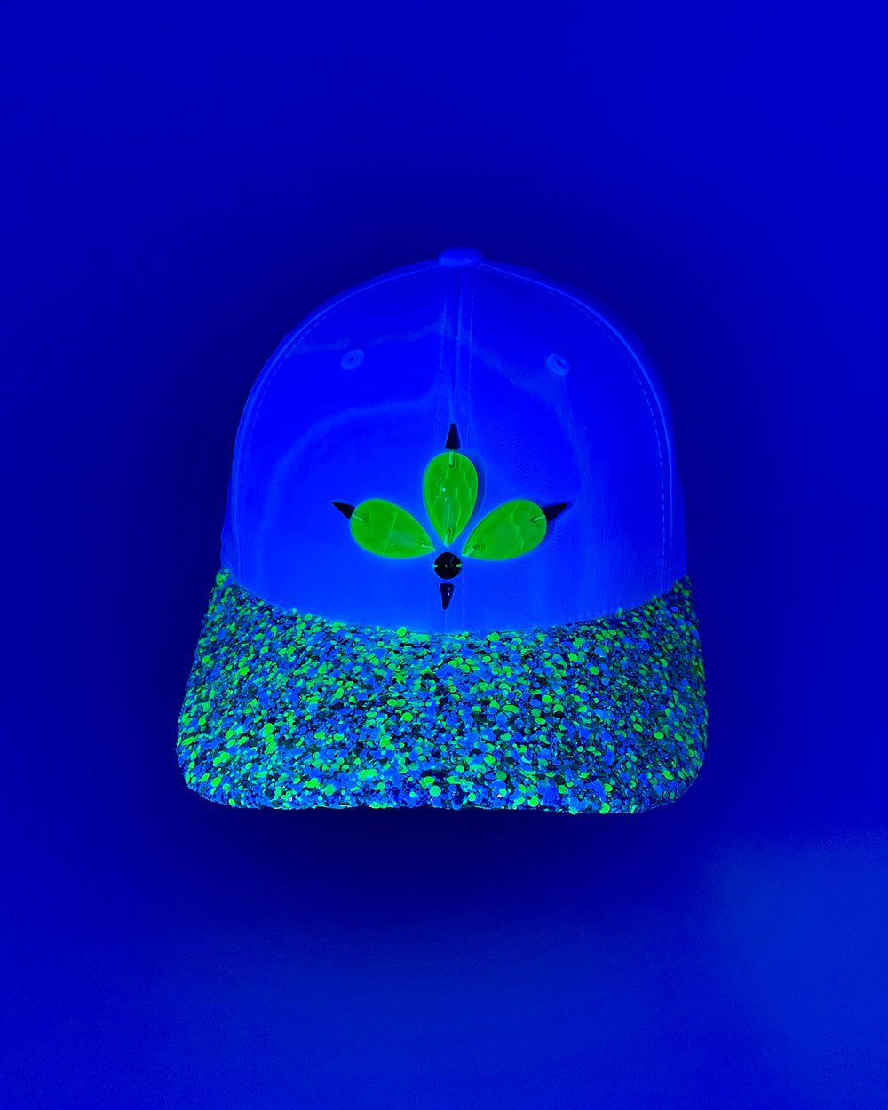 White curved peak cap with neon green UV glitter mix peak and 3D Jukebox logo emblem centre front, stylish streetwear, eye catching accessory, adjustable, snapback, Bridal hat, party hat, glow, festival hat, urban, crystals, rhinestones, unique headwear, made in the UK