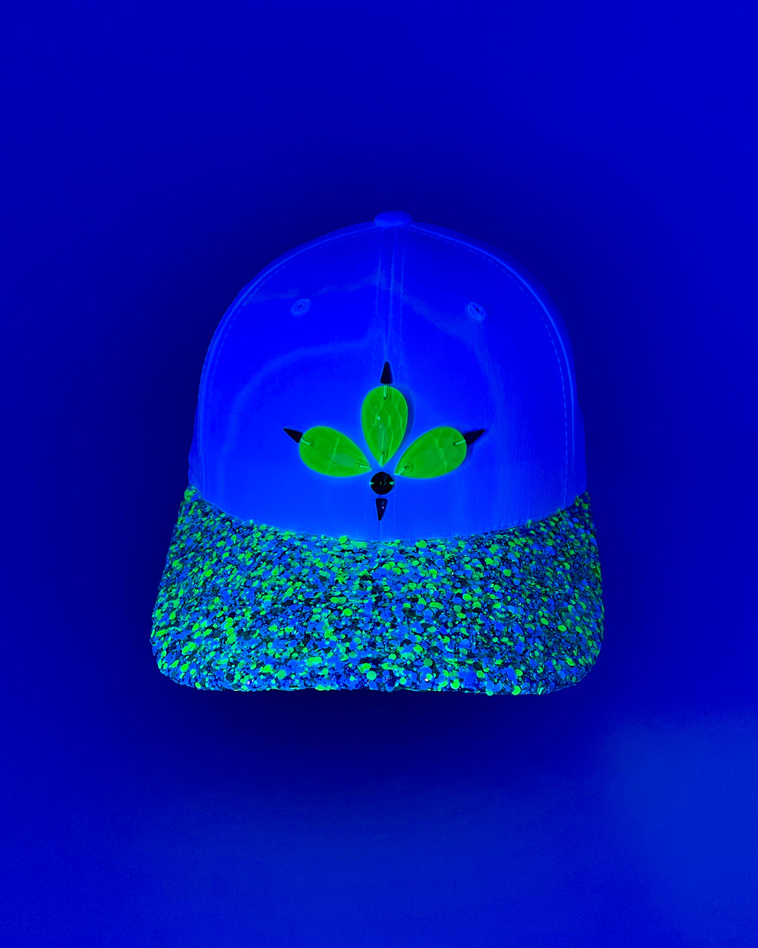 White curved peak cap with neon green UV glitter mix peak and 3D Jukebox logo emblem centre front, stylish streetwear, eye catching accessory, adjustable, snapback, Bridal hat, party hat, glow, festival hat, urban, crystals, rhinestones, unique headwear, made in the UK