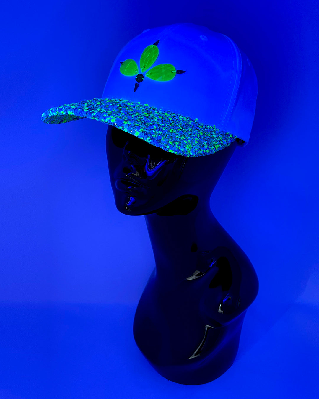 White curved peak cap with neon green UV glitter mix peak and 3D Jukebox logo emblem centre front, stylish streetwear, eye catching accessory, adjustable, snapback, Bridal hat, party hat, glow, festival hat, urban, crystals, rhinestones, unique headwear, made in the UK