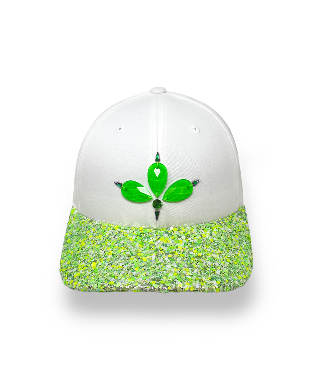 White curved peak cap with neon green UV glitter mix peak and 3D Jukebox logo emblem centre front, stylish streetwear, eye catching accessory, adjustable, snapback, Bridal hat, party hat, glow, festival hat, urban, crystals, rhinestones, unique headwear, made in the UK