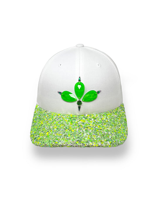 White curved peak cap with neon green UV glitter mix peak and 3D Jukebox logo emblem centre front, stylish streetwear, eye catching accessory, adjustable, snapback, Bridal hat, party hat, glow, festival hat, urban, crystals, rhinestones, unique headwear, made in the UK