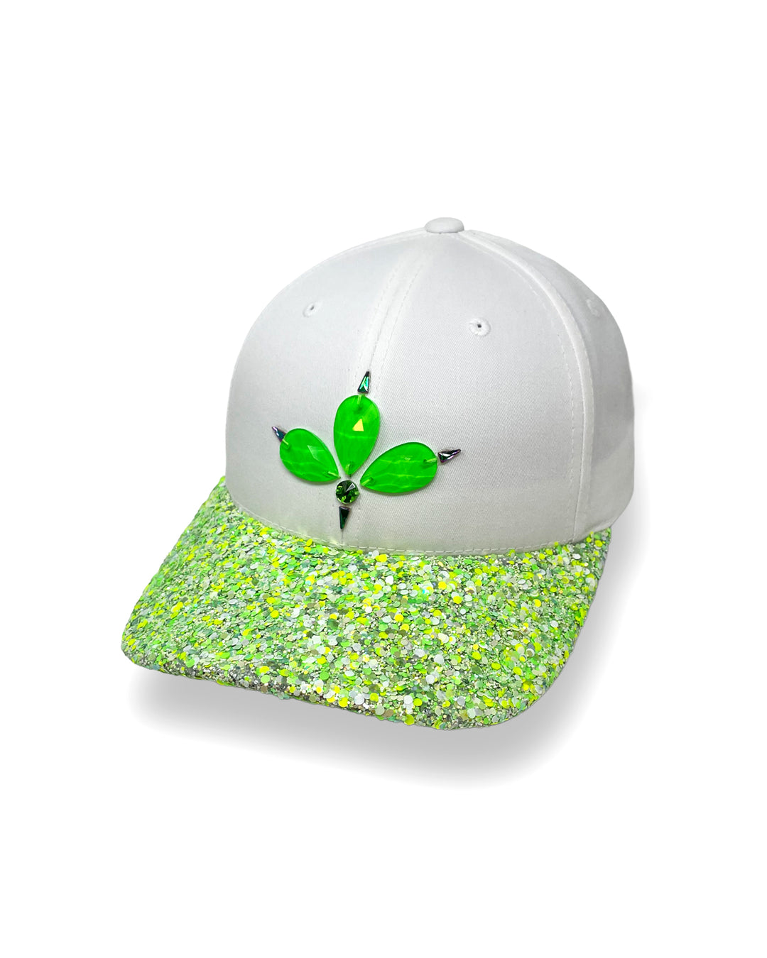 White curved peak cap with neon green UV glitter mix peak and 3D Jukebox logo emblem centre front, stylish streetwear, eye catching accessory, adjustable, snapback, Bridal hat, party hat, glow, festival hat, urban, crystals, rhinestones, unique headwear, made in the UK