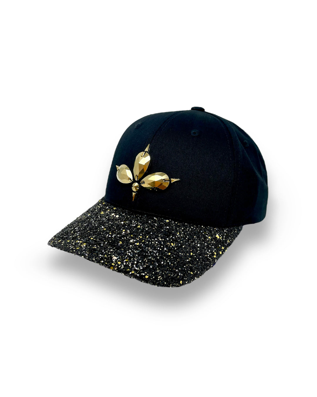 Black curved peak cap with a gold and black glitter mix peak. 3D Jukebox logo emblem centre front, stylish streetwear, eye catching accessory, adjustable, snapback, party hat, halloween, festival hat, rave, urban, crystals, rhinestones, unique headwear, made in the UK