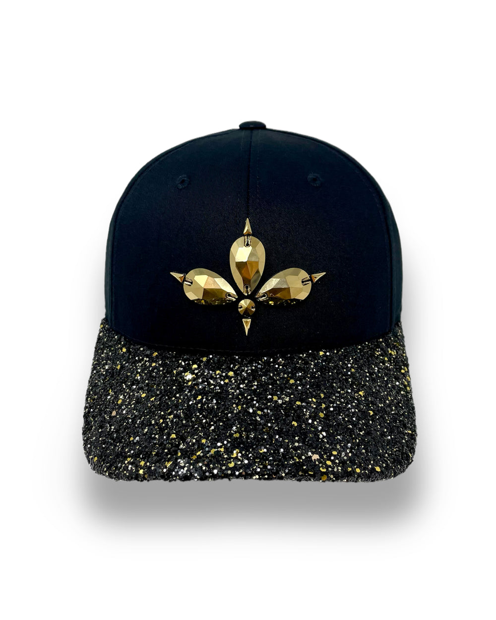 Black curved peak cap with a gold and black glitter mix peak. 3D Jukebox logo emblem centre front, stylish streetwear, eye catching accessory, adjustable, snapback, party hat, halloween, festival hat, rave, urban, crystals, rhinestones, unique headwear, made in the UK