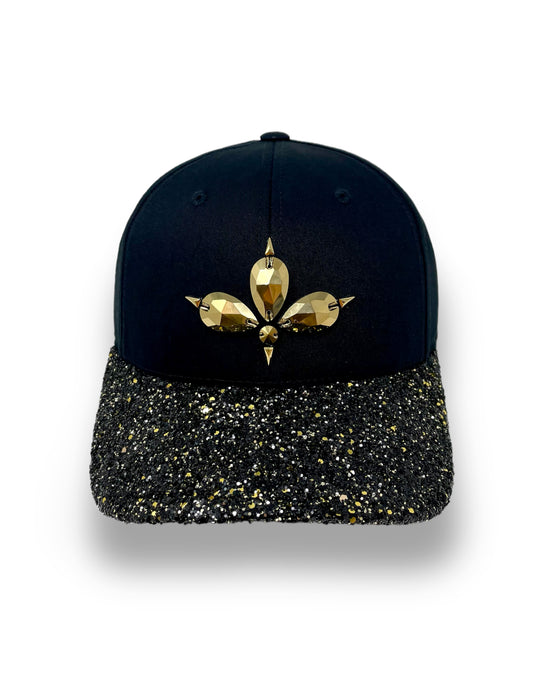 Black curved peak cap with a gold and black glitter mix peak. 3D Jukebox logo emblem centre front, stylish streetwear, eye catching accessory, adjustable, snapback, party hat, halloween, festival hat, rave, urban, crystals, rhinestones, unique headwear, made in the UK