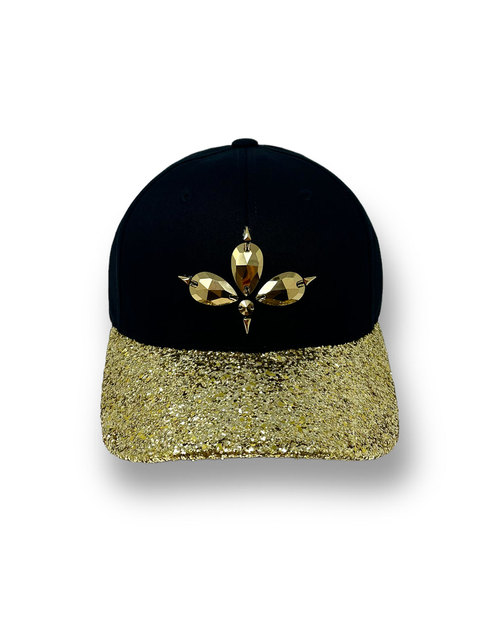 Black curved peak cap with a gold glitter peak. 3D Jukebox logo emblem centre front, stylish streetwear, eye catching accessory, adjustable, snapback, party hat, halloween, festival hat, urban, crystals, rhinestones, unique headwear, made in the UK