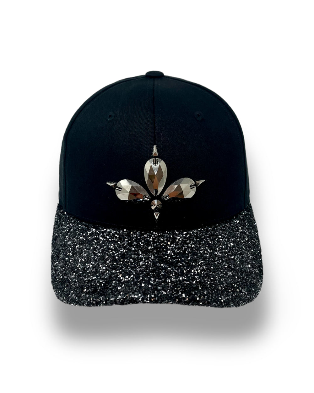 Black curved peak cap with gunmetal and black glitter mix peak. 3D Jukebox logo emblem centre front, stylish streetwear, eye catching accessory, adjustable, snapback, party hat, halloween, festival hat, urban, crystals, rhinestones, unique headwear, made in the UK