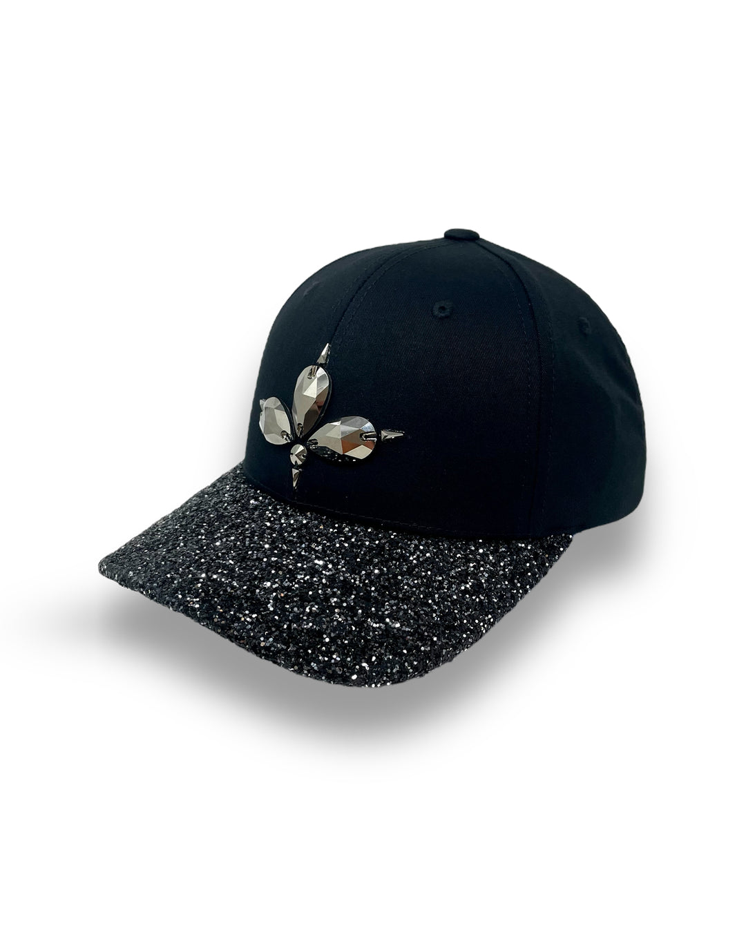 Black curved peak cap with gunmetal and black glitter mix peak. 3D Jukebox logo emblem centre front, stylish streetwear, eye catching accessory, adjustable, snapback, party hat, halloween, festival hat, urban, crystals, rhinestones, unique headwear, made in the UK