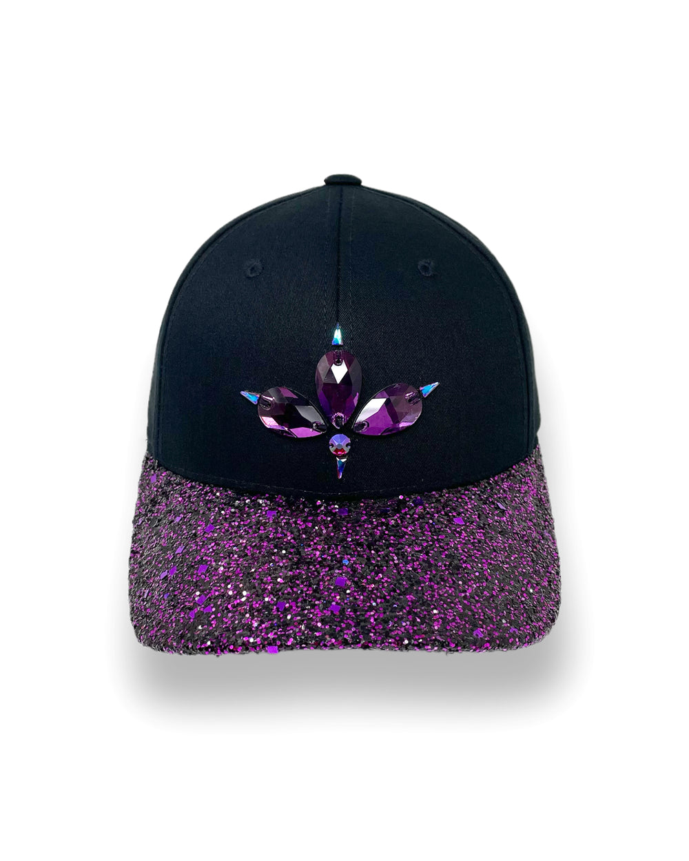 Black curved peak cap with purple and black glitter mix peak. 3D Jukebox logo emblem centre front, stylish streetwear, eye catching accessory, adjustable, snapback, party hat, halloween, festival hat, urban, crystals, rhinestones, unique headwear, made in the UK